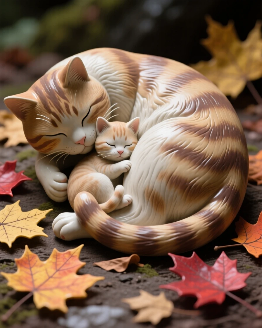 A curled-up cat curled protectively around its young, framed by scattered autumn leaves, evoking a quiet sense of wild dignity.