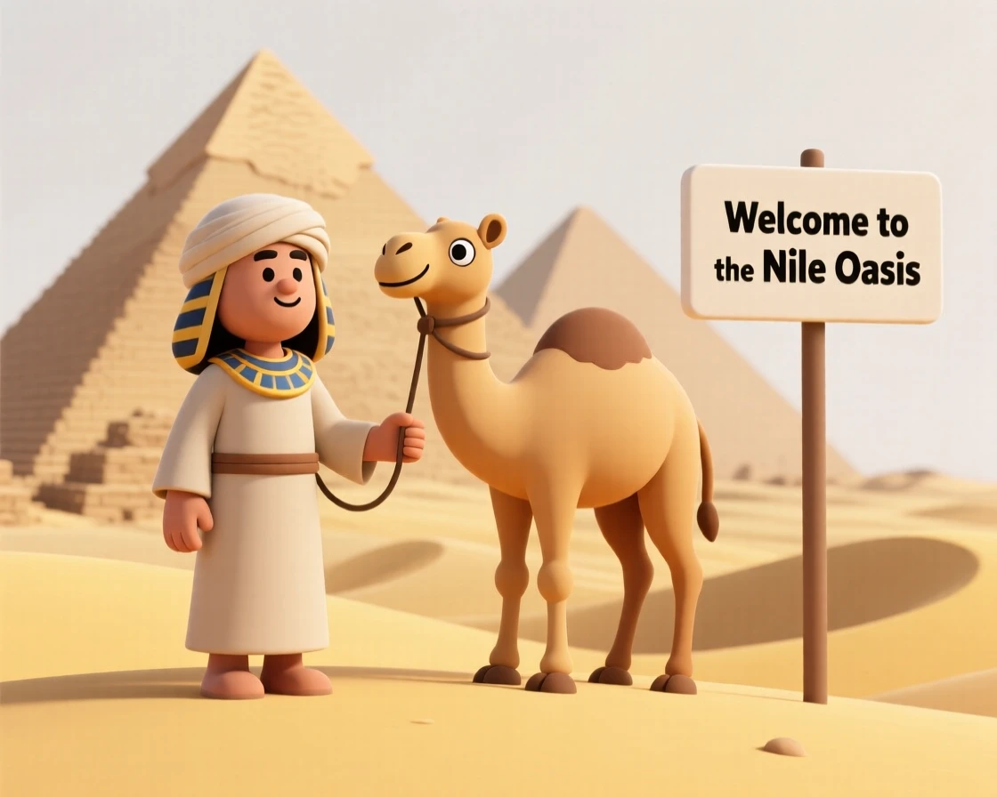 A proud Egyptian camel guide leads a patient camel across golden dunes beneath ancient stone pyramids.