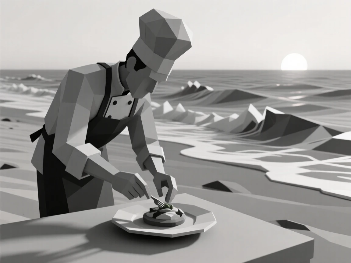 A chef plating a dish with focused precision, on a windswept beach at dawn. the composition captures genuine, candid emotion. The moment feels full of hope and possibility.