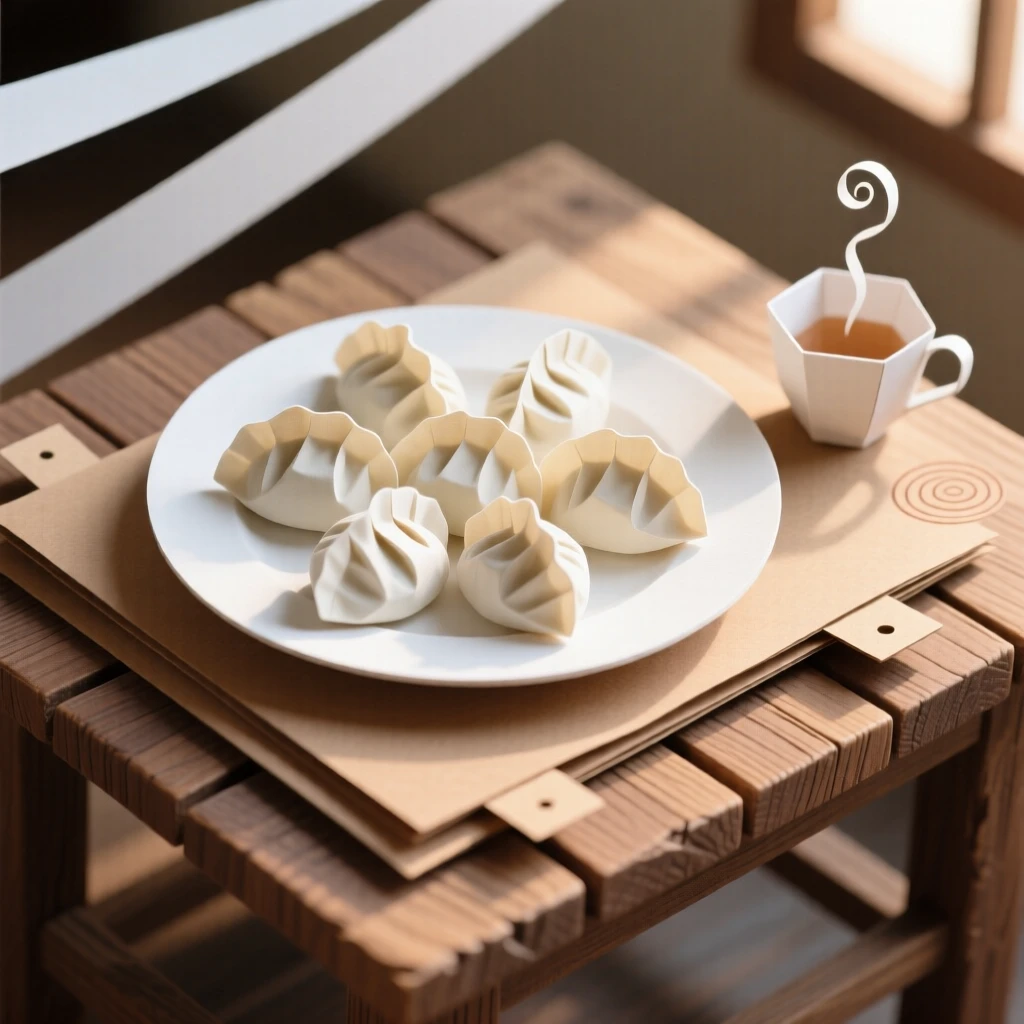 A delicate plate of handmade dumplings set on a rustic wooden table, with morning light catching every texture, capturing indulgence and warmth.