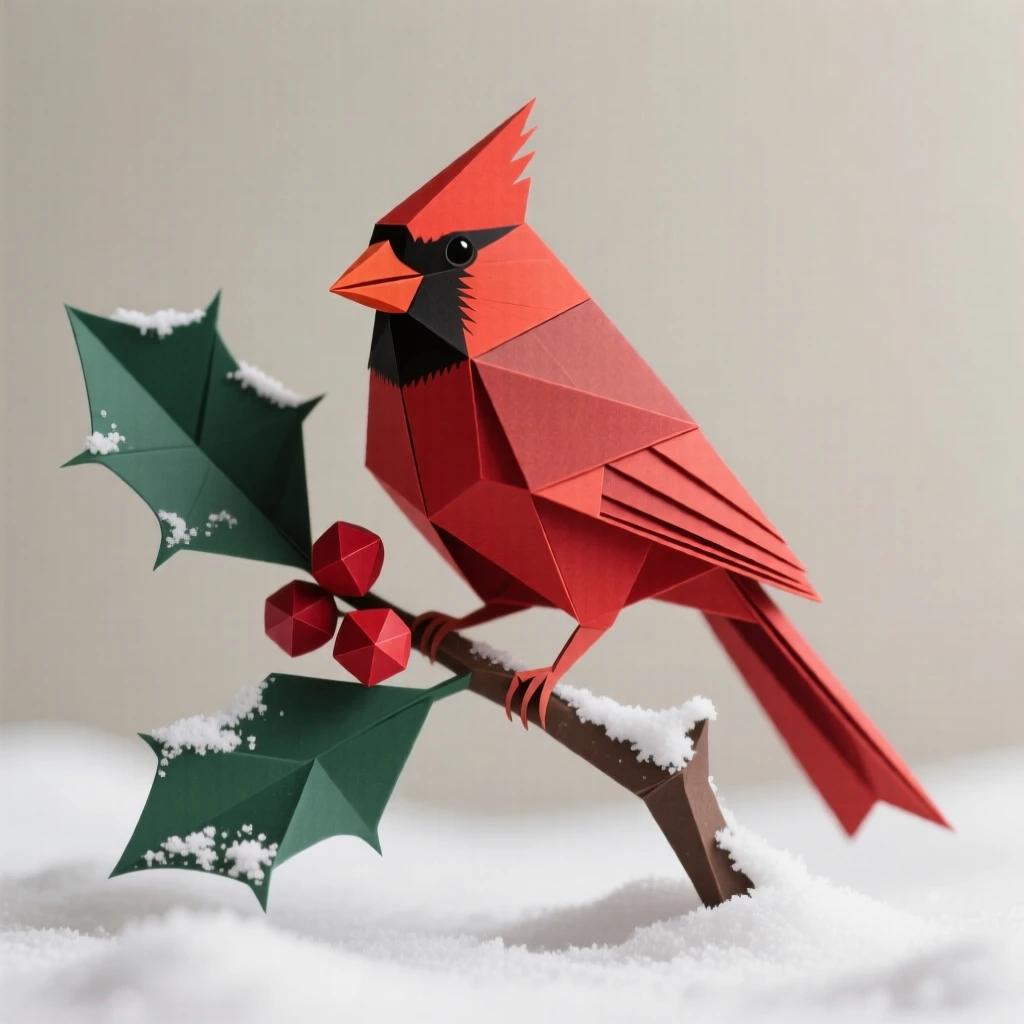 A stylized cardinal bird perched on a snow-dusted holly branch, centered composition.