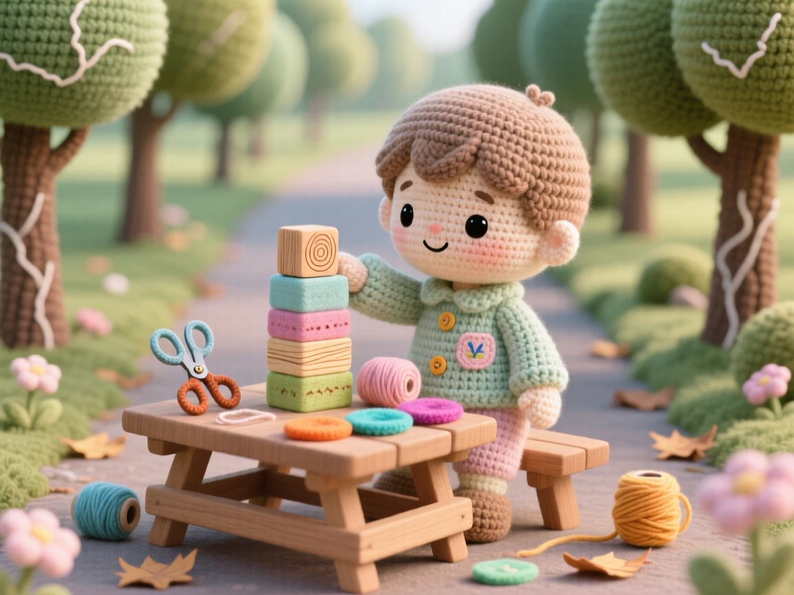 a small boy building with wooden blocks, with a look of proud concentration, stacking a tower higher and higher, in a quiet park path lined with trees, with a scattering of craft supplies on the table, radiating the simple happiness of a favorite pastime.