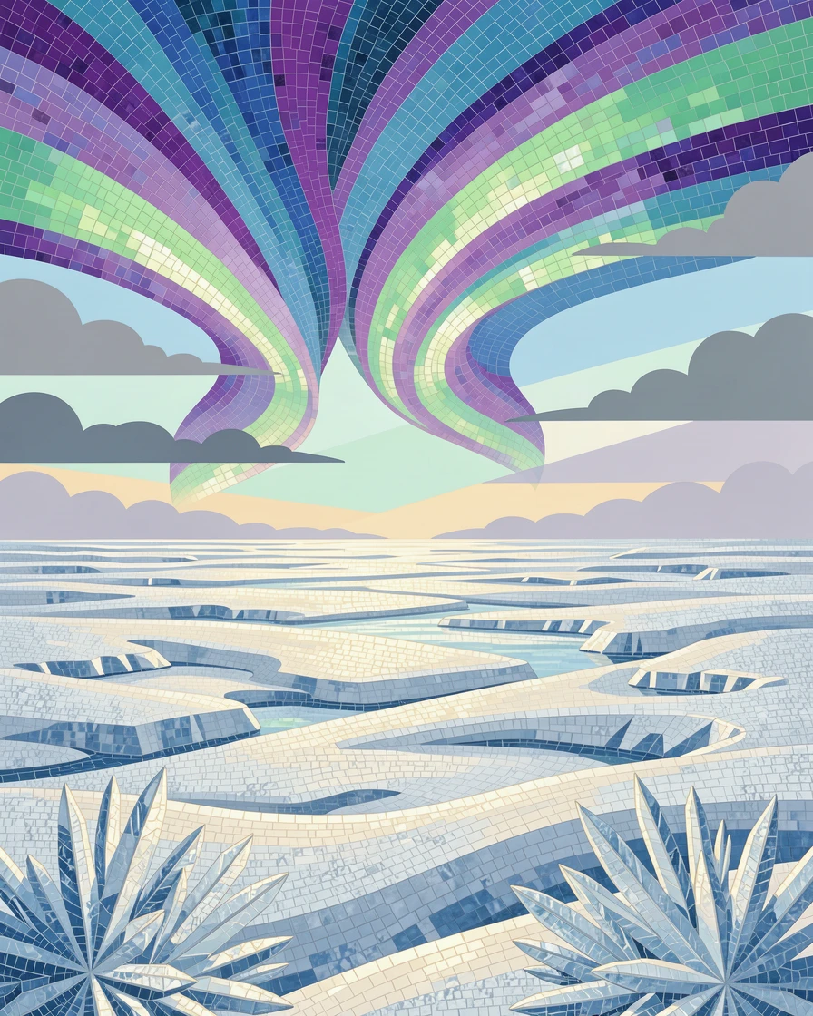 A wide panoramic view of an icy tundra landscape glowing under the soft light of the aurora, with dramatic clouds and rich natural color.