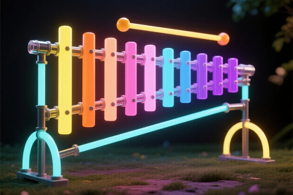 A xylophone set up for a children's music class outdoors.
