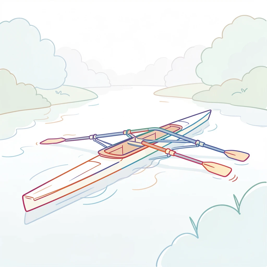 A single rowing scull gliding silently across a misty morning river.