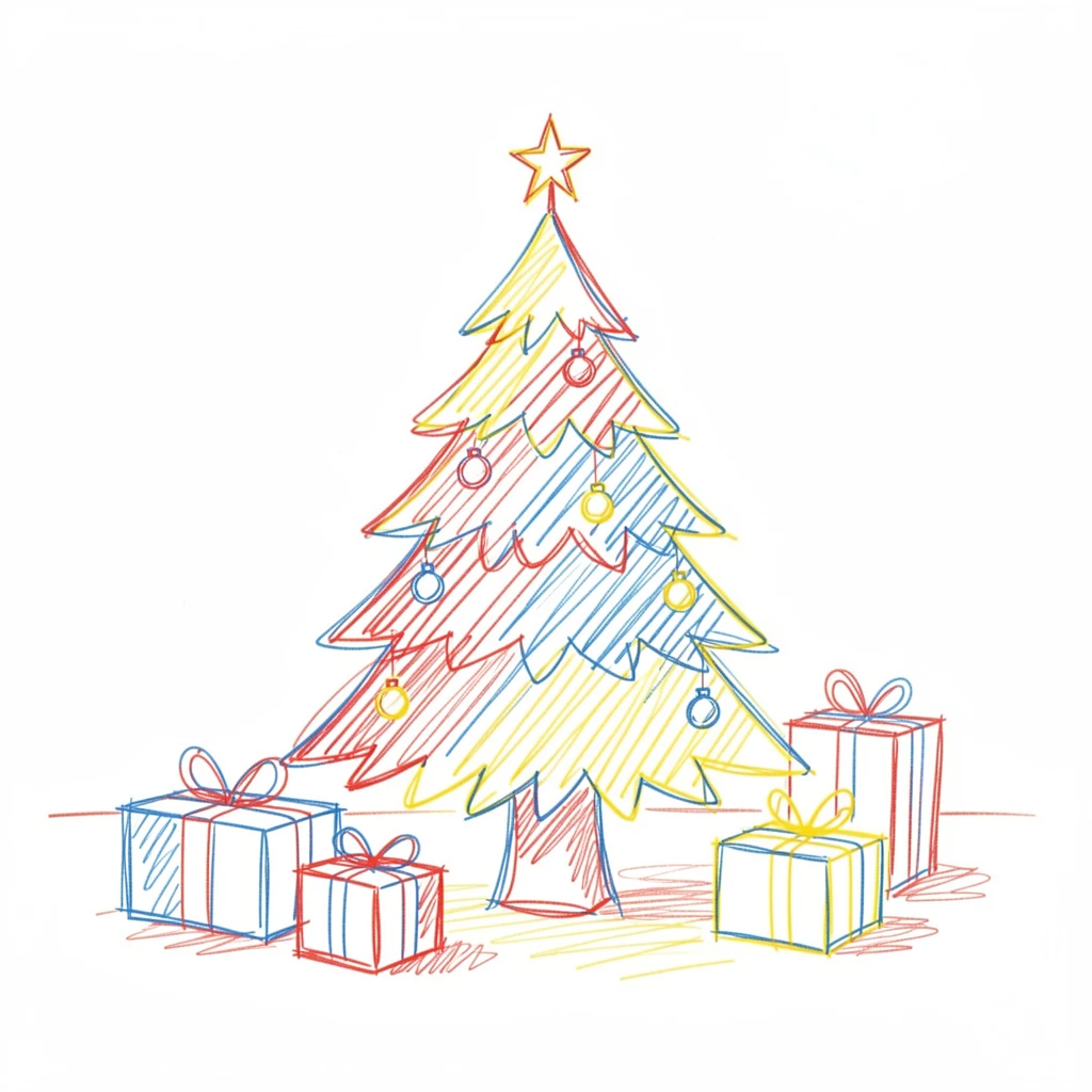 A brightly lit Christmas tree surrounded by wrapped presents