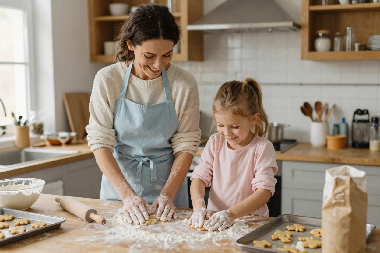 A mother and daughter bake cookies together, both covered in flour up to their elbows.
