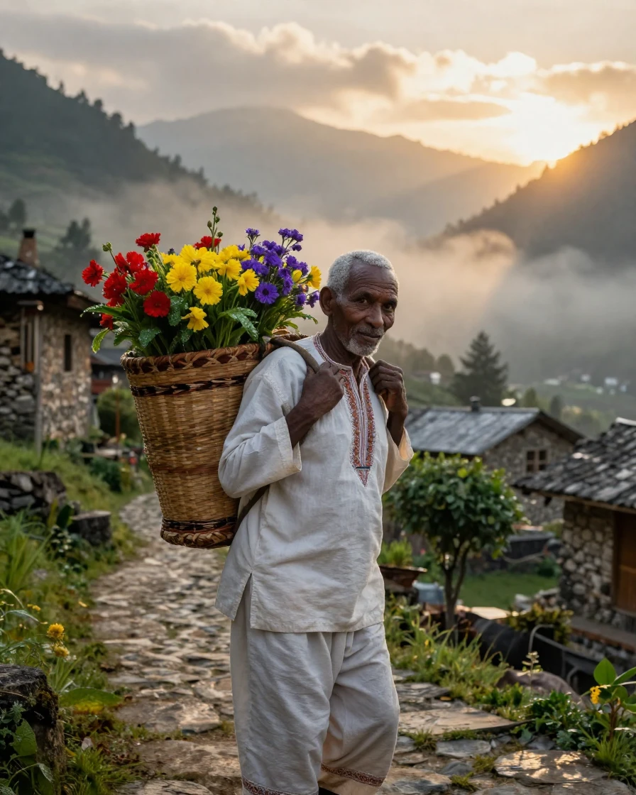 A retired Ethiopian artist carrying a basket of fresh flowers in a quiet mountain village