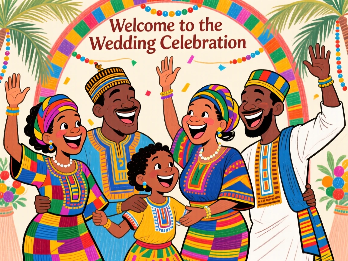 A family celebrating a traditional Nigerian wedding with vibrant aso-oke fabric attire.