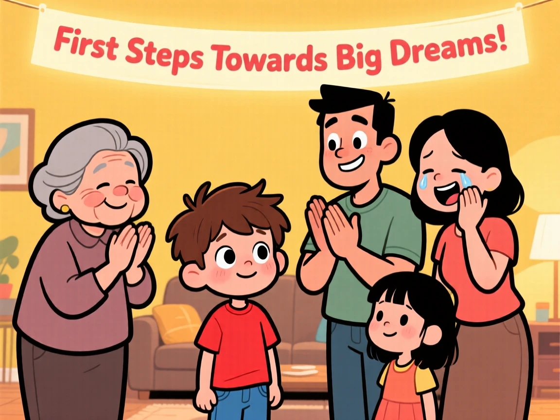 A heartwarming moment depicting a shy little boy celebrating a small but meaningful milestone, surrounded by loved ones cheering quietly.