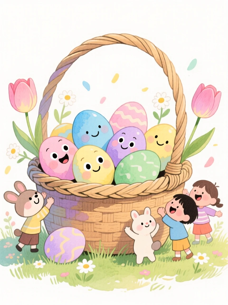 A joyful celebration scene of an Easter basket filled with pastel eggs in a spring garden, bursting with color and joy