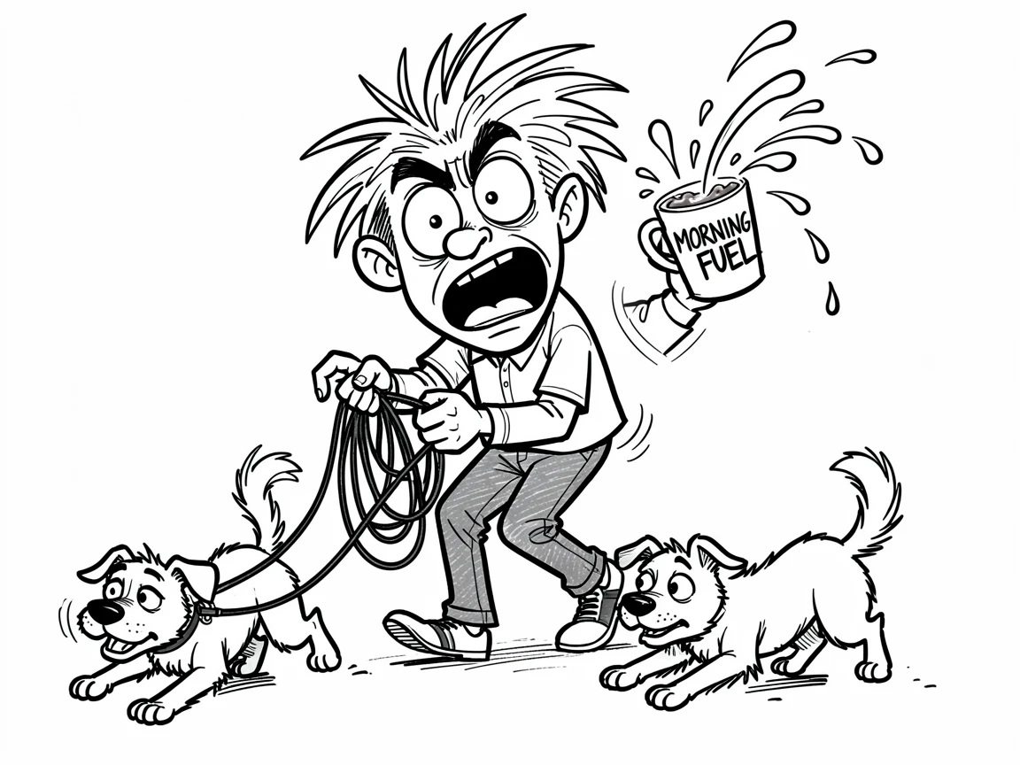 [Funny & Exaggerated Situations] Comical scene of a flustered dog walker spilling coffee everywhere, exaggerated for maximum laughs