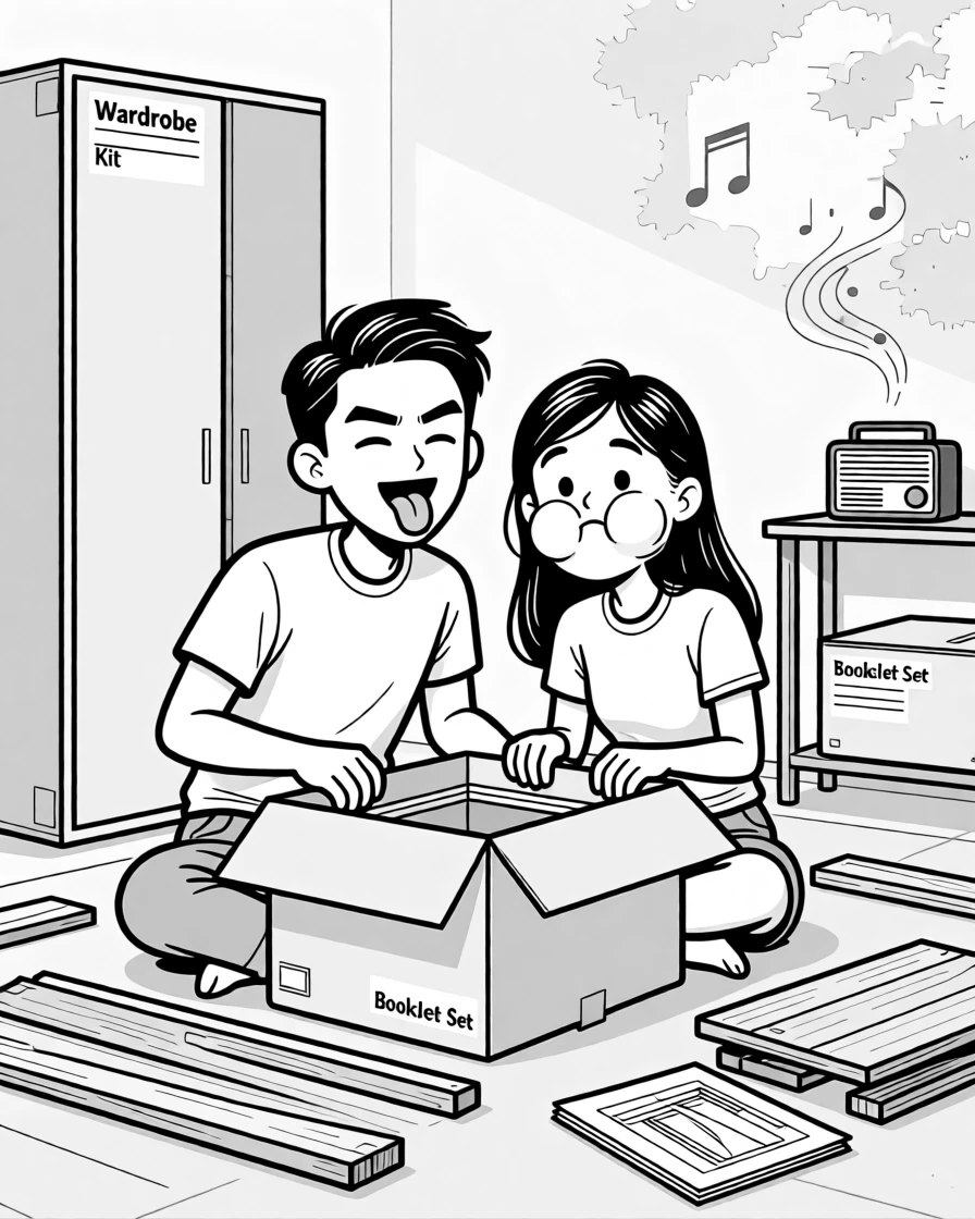 A couple trying to assemble furniture from confusing instructions, pulling ridiculous faces for the camera, set in a living room surrounded by flat-pack furniture boxes. A paint-stained radio plays faintly in the background. It radiates warmth, laughter, and quiet devotion.