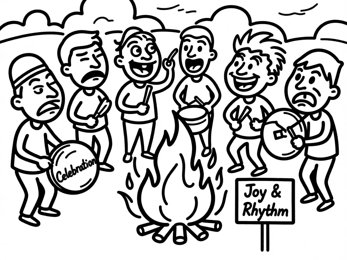 A group performing a traditional drum celebration around a bonfire at dusk.