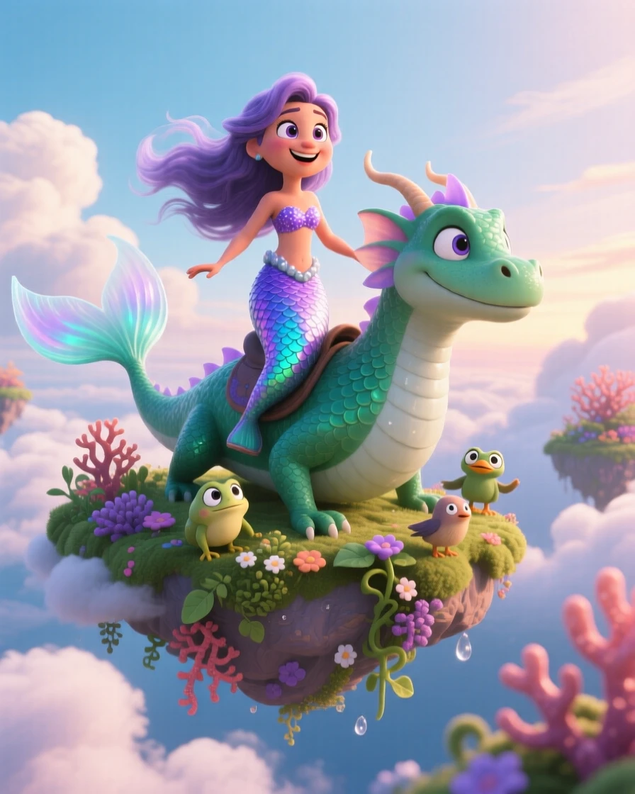 A mermaid with shimmering scales stands atop a floating island surrounded by clouds, riding on the back of a friendly creature. The atmosphere feels mystical yet warmly inviting, with small creatures peeking out curiously nearby.