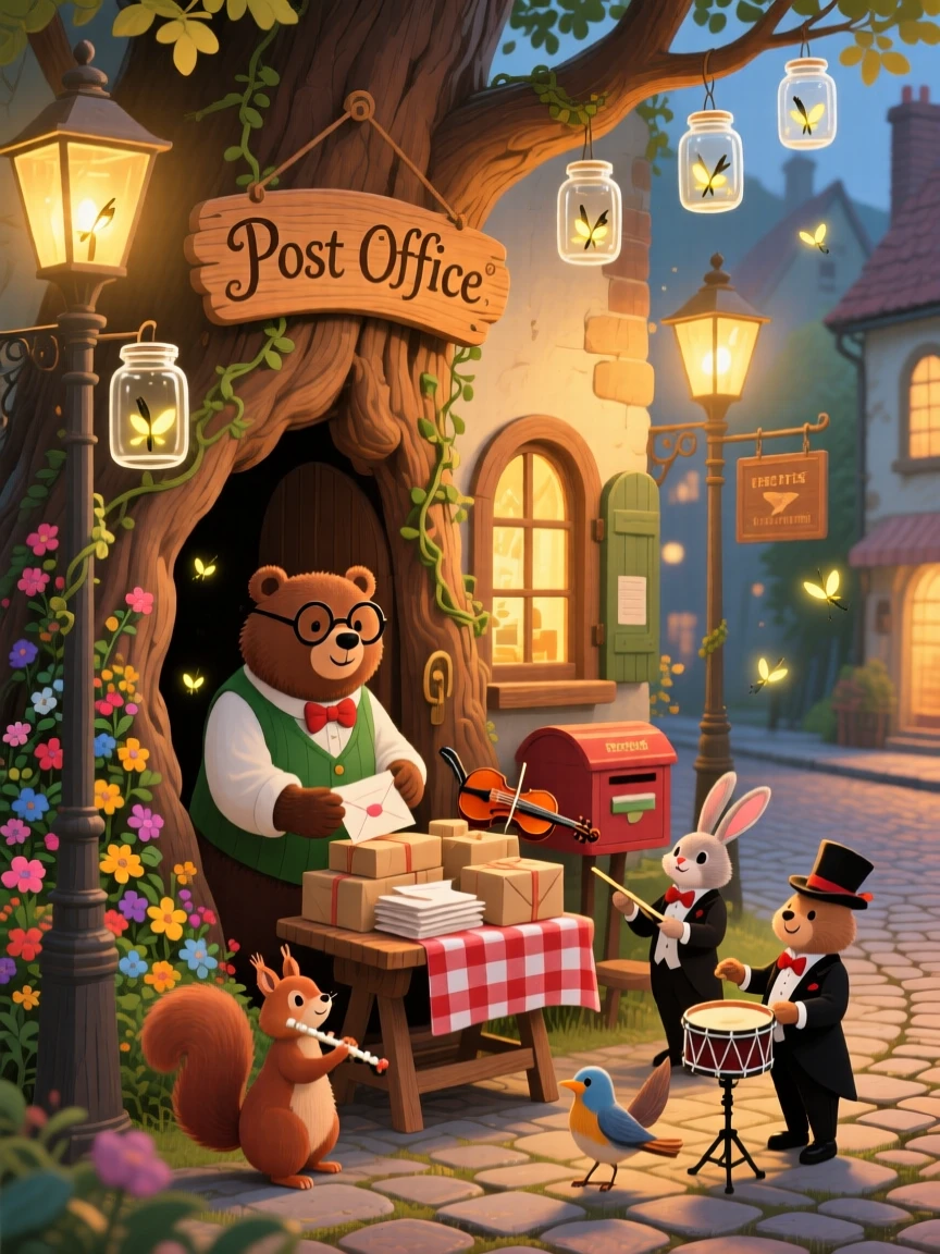 In a town where the streetlights are fireflies in jars, a bear conducting a tiny orchestra spends the day running a post office out of a hollow tree, with everything wrapped in a cozy, storybook charm.