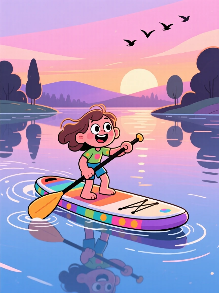 A paddleboarder gliding across a glassy lake at dawn.