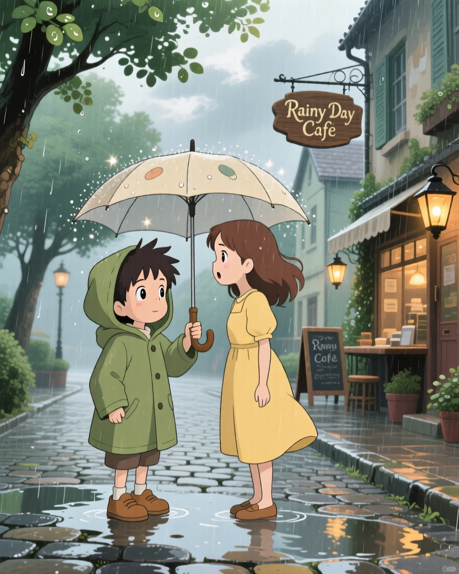 A tender moment of a boy sharing his umbrella with a stranger in the rain, the scene gently triumphant.