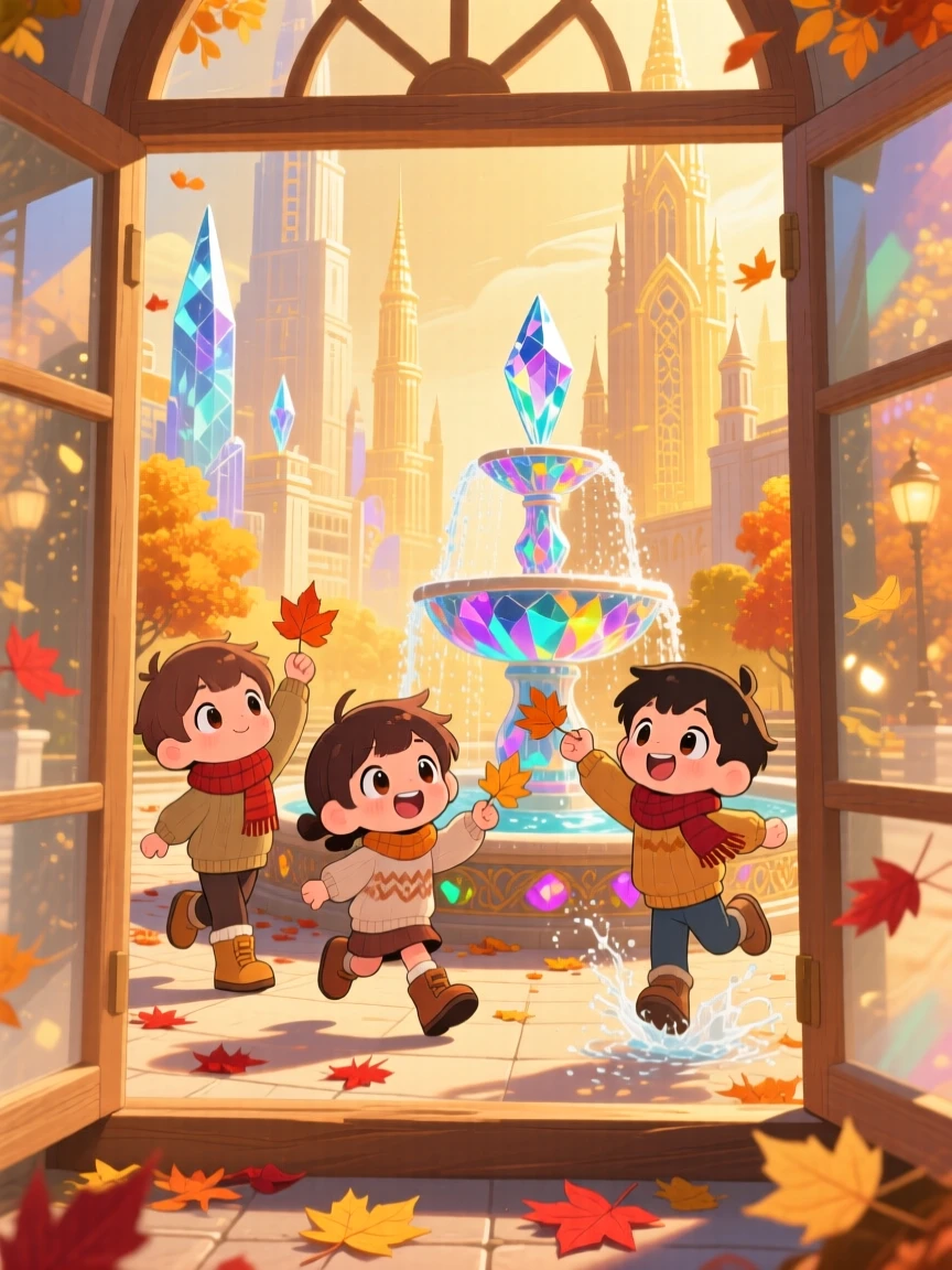 Framed through a window: children, playing near a fountain in a crystal-spired city, set against a glowing magical city plaza during golden autumn harvest season, with shimmering reflected light off water and a mood of proud determination.