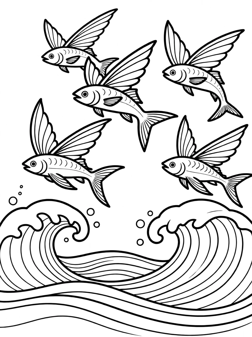 A group of flying fish leaping over ocean waves