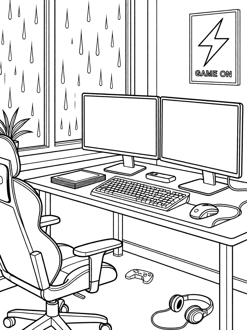A gaming setup with a glowing keyboard and dual monitors, with rain streaking down a nearby window.