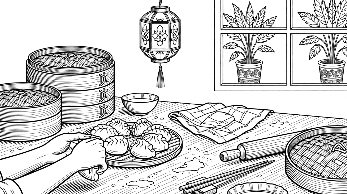 A dumpling-folding scene with bamboo steamers and scattered flour.