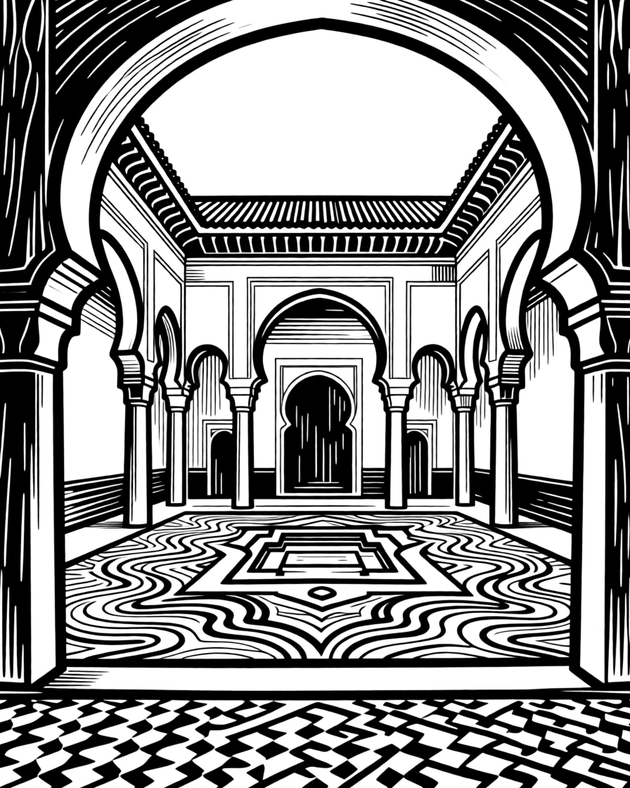 A traditional Moroccan riad with an ornately tiled central courtyard.