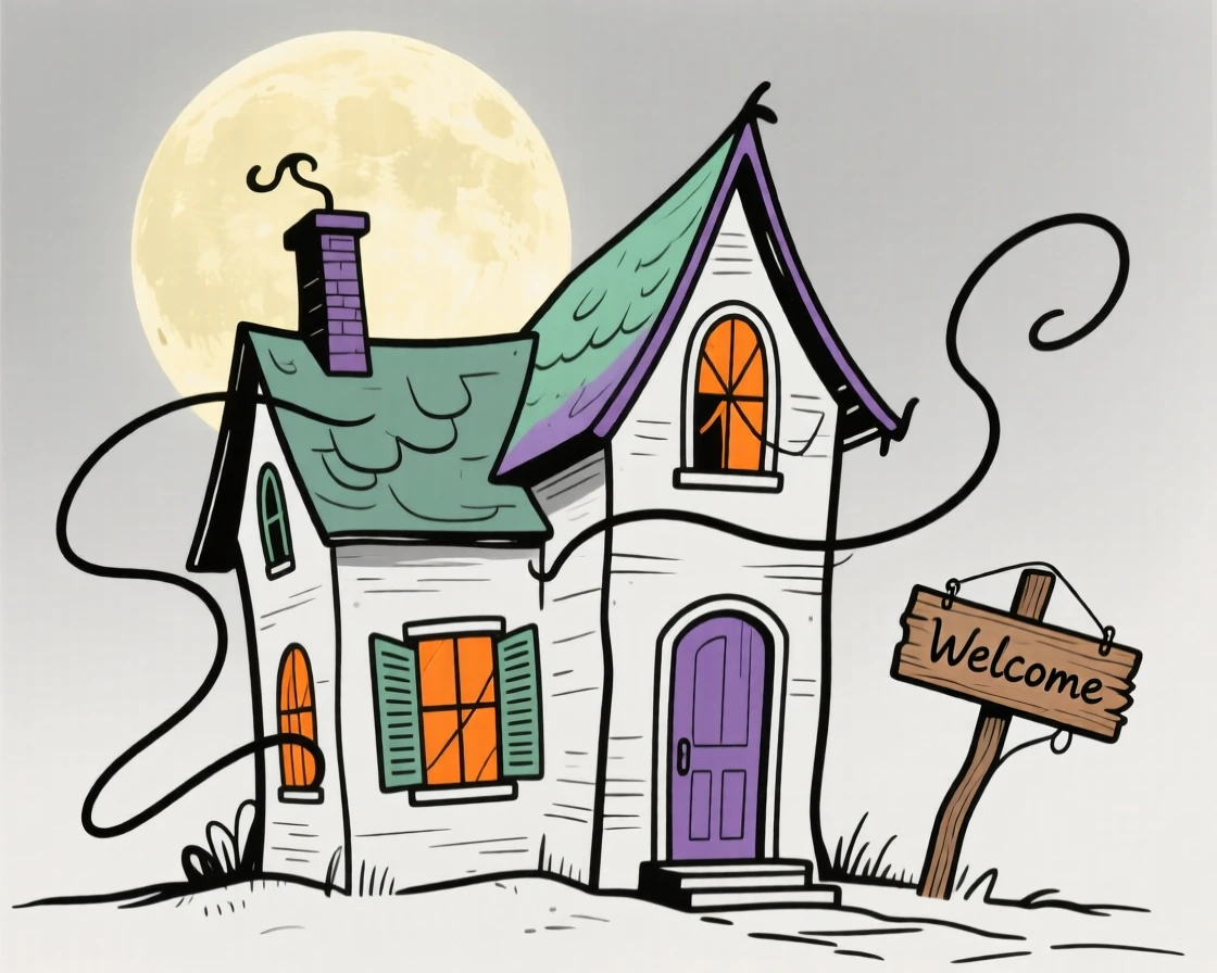 A Halloween haunted house glowing eerily under a full moon.