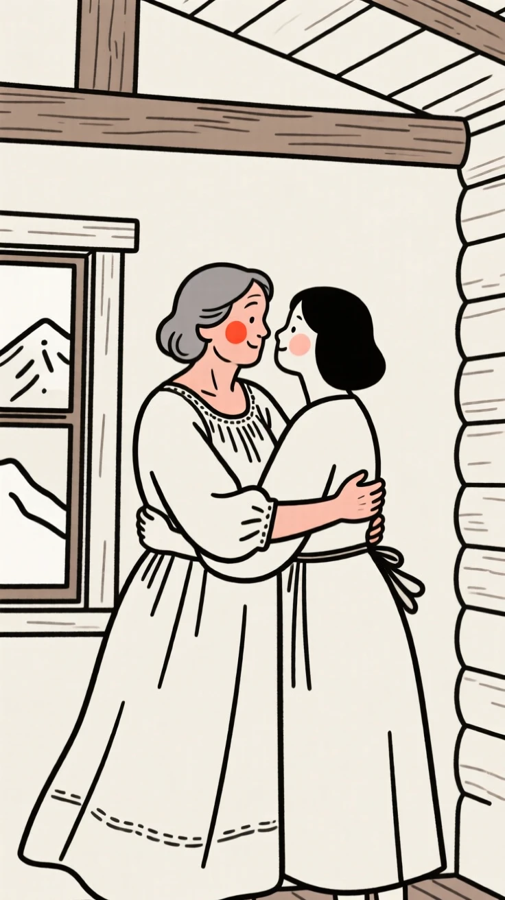 A middle-aged woman of French heritage in a flowing bohemian dress, sharing a tender embrace, in a mountain cabin.