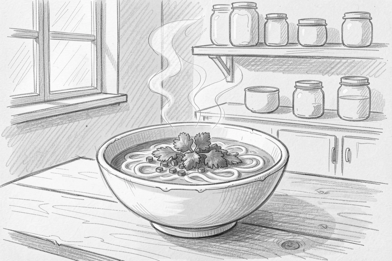 A cozy food scene featuring a bowl of steaming ramen with fresh herbs in a cozy farmhouse kitchen, with morning light streaming across the scene.