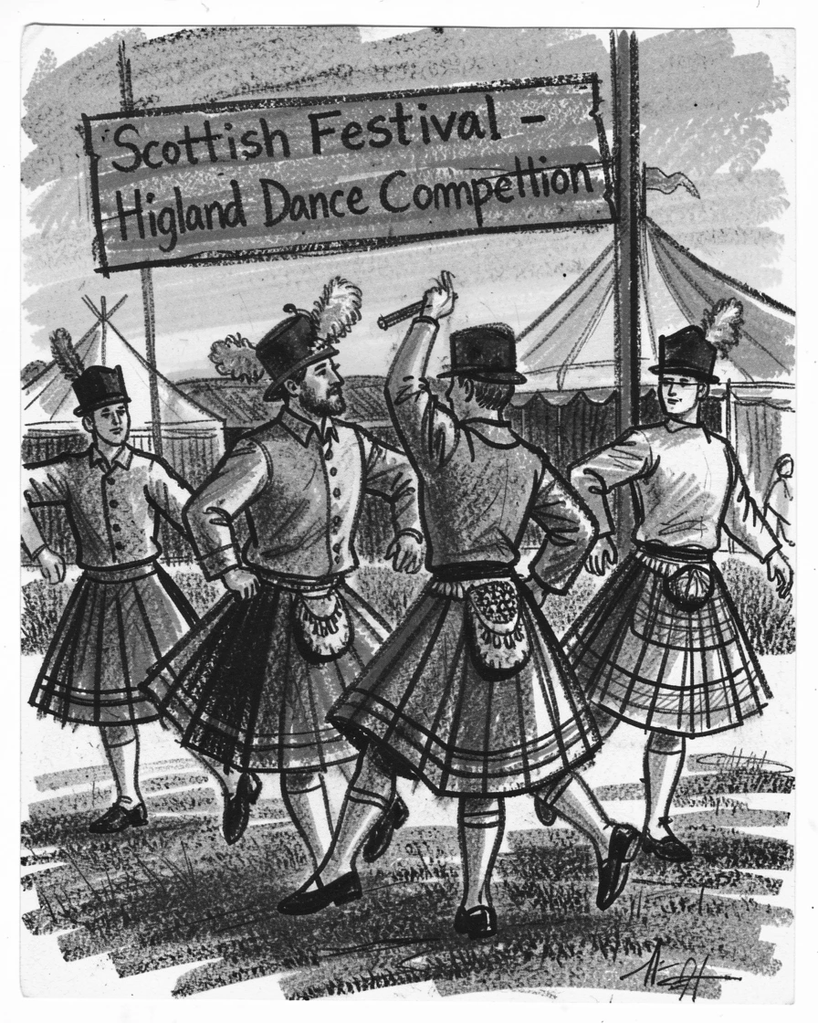Highland dancers performing at a Scottish festival, as the last light of day fades to dusk.
