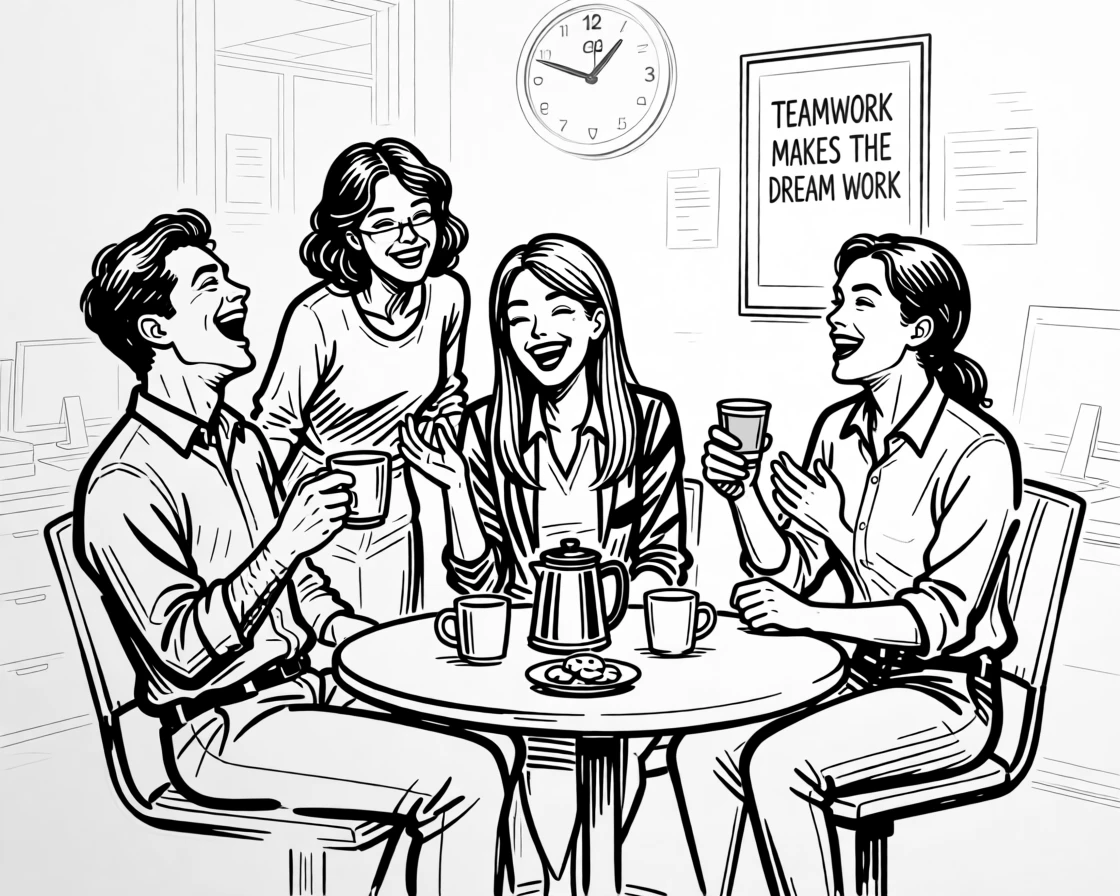 A group of coworkers sharing a laugh during a coffee break.