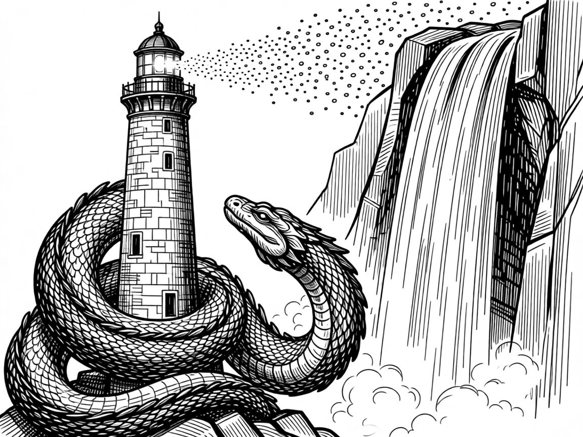 A sea serpent coiling around a lighthouse beside a waterfall that flows upward, with a trail of glimmering dust in the air, forming a quietly wondrous fantasy scene.