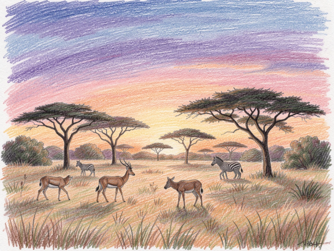 A South African savanna sunset with acacia silhouettes and grazing herds, captured in a quiet, intimate moment full of atmosphere, perfect for anyone drawn to gentle, heartfelt imagery.