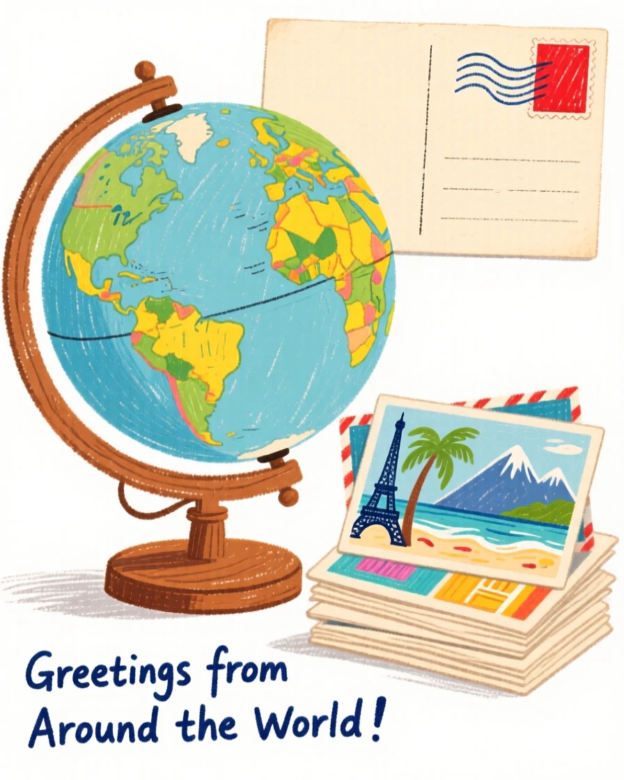 An antique globe beside a stack of vintage travel postcards.