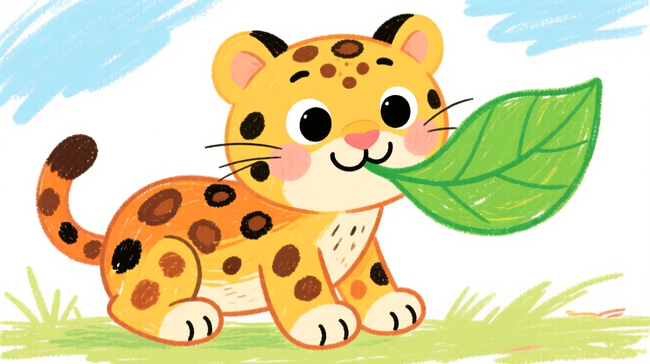 A spotted baby leopard nibbling on a fresh green leaf.