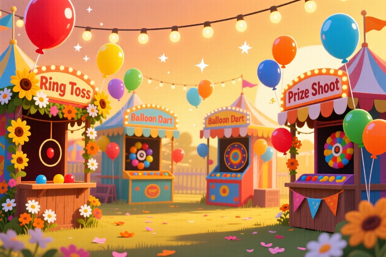 A colorful summer carnival with games and prize balloons, decorated with seasonal flowers and warm lighting, composed with a warm golden glow throughout, with warm twinkling lights adding a magical sparkle.