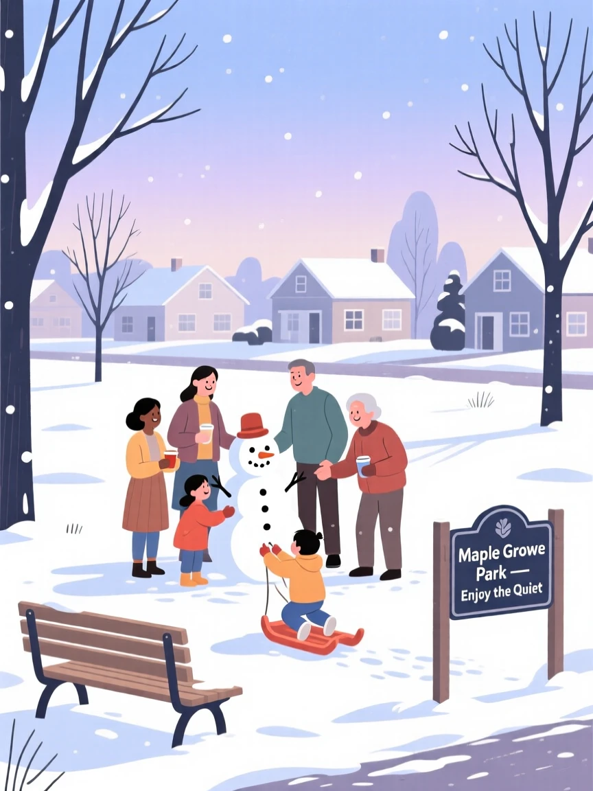 A winter scene of families gathering in a quiet suburban park.
