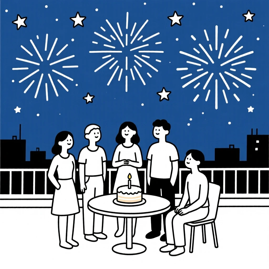 Friends gathered for a baby shower in a rooftop under the stars, surrounded by bursts of fireworks, radiating festive excitement.