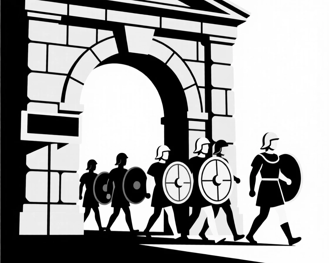 A Roman legion marching through a stone archway.