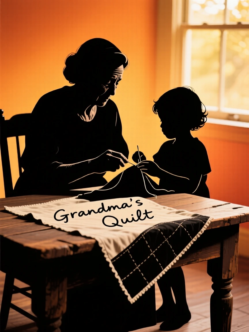 A grandmother teaching her grandchild to sew at an old wooden table.