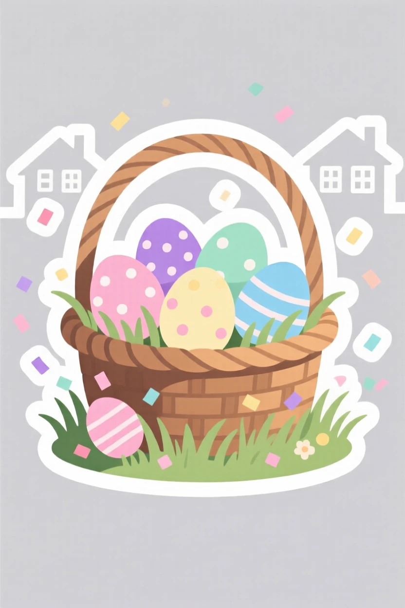 A cozy and heartwarming basket of pastel Easter eggs in spring grass, surrounded by falling confetti, as the whole neighborhood celebrates together.