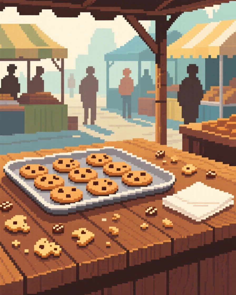 A tray of fresh-baked cookies surrounded by scattered crumbs and a napkin, at a market stall on a busy morning.