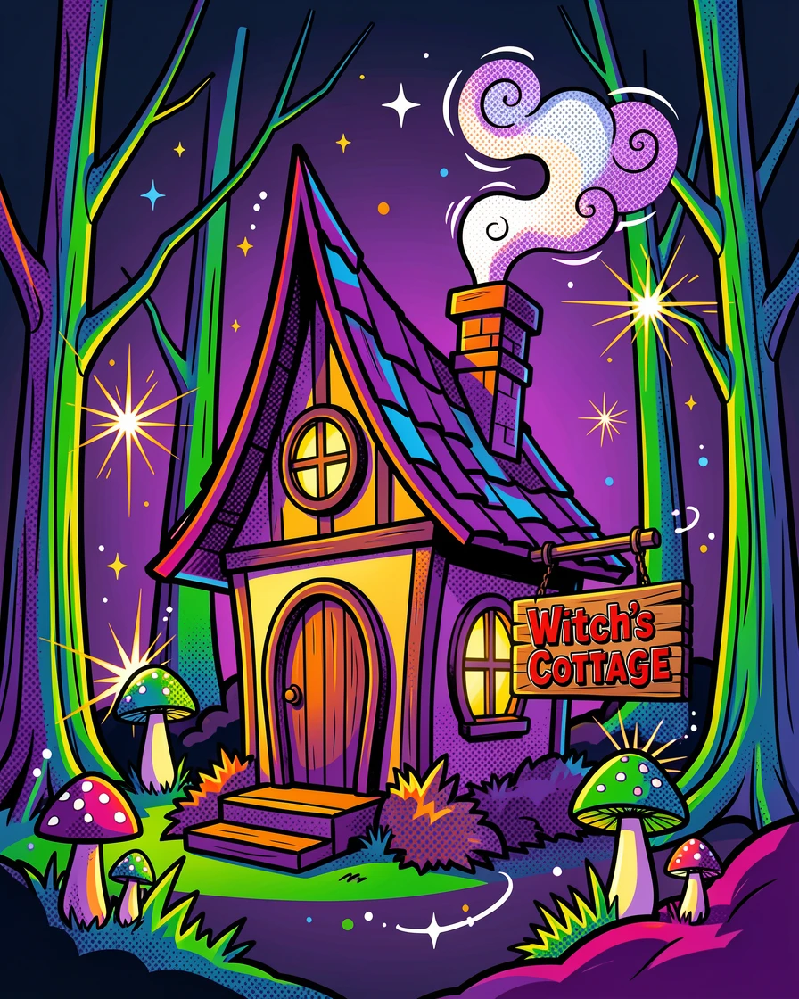 A witch's cottage nestled in a lit enchanted forest
