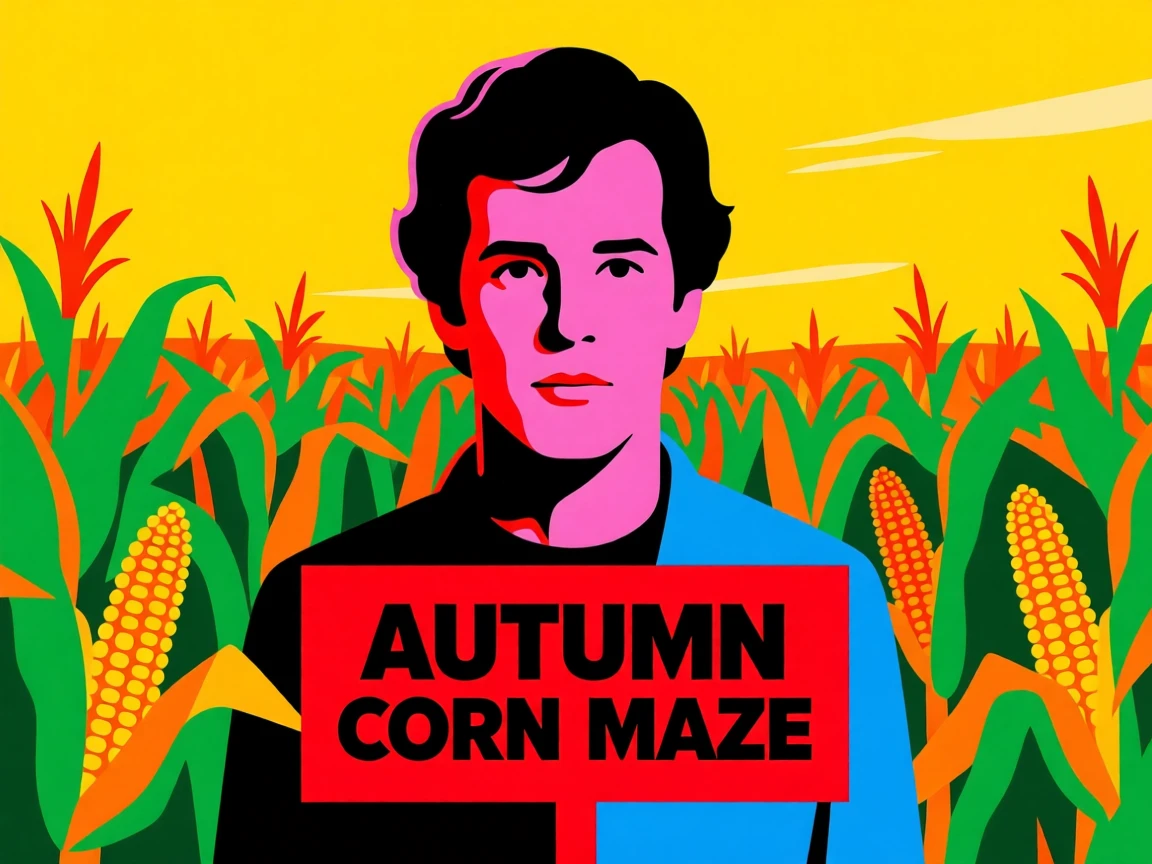 Autumn corn maze under a golden sky