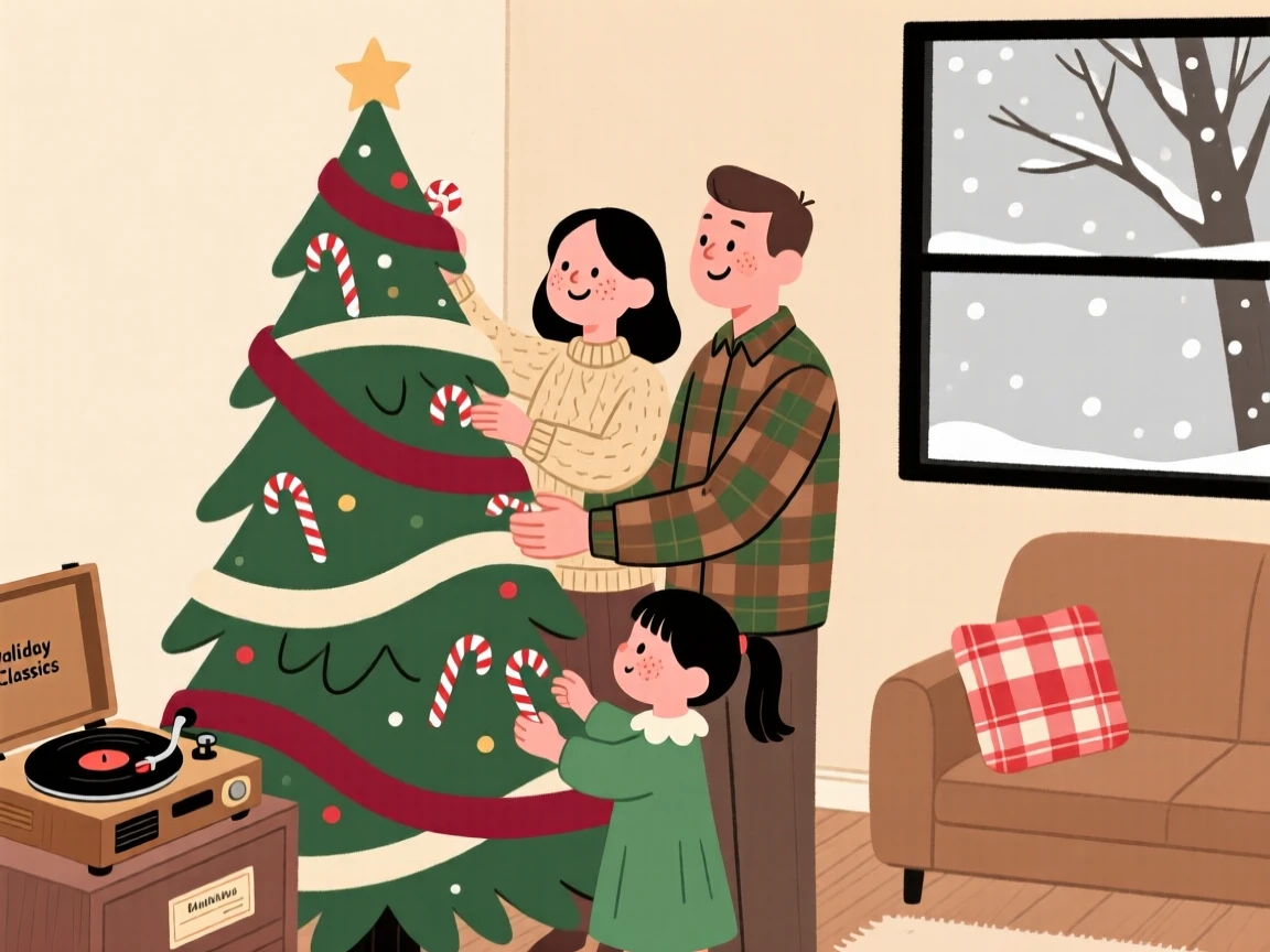 A family decorates a evergreen in the corner with ribbons and candy canes while an old holiday record plays softly and the first snow of winter falls outside the window.