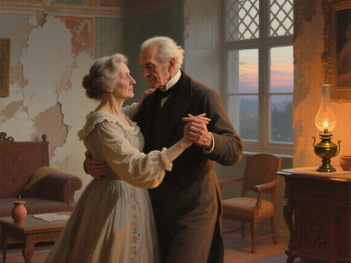 A detailed close shot of an elderly couple dancing slowly in their living room, in the pale light of early evening, in antiquity.