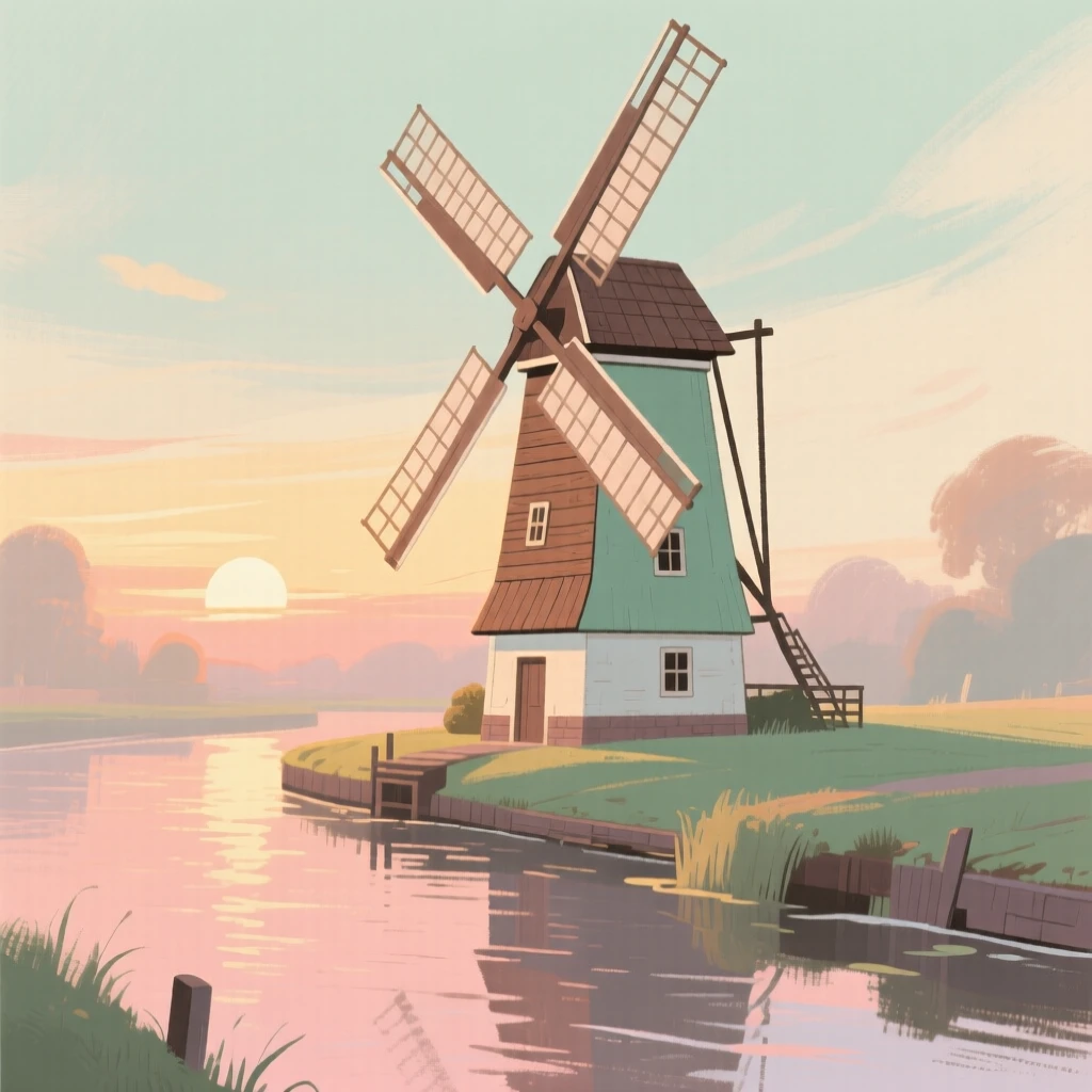 A windmill beside a canal reflecting the colors of sunset