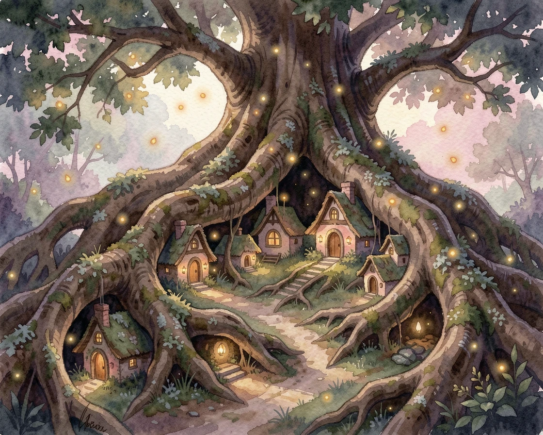A fairy village built inside giant tree roots with glowing fireflies drifting through the air.