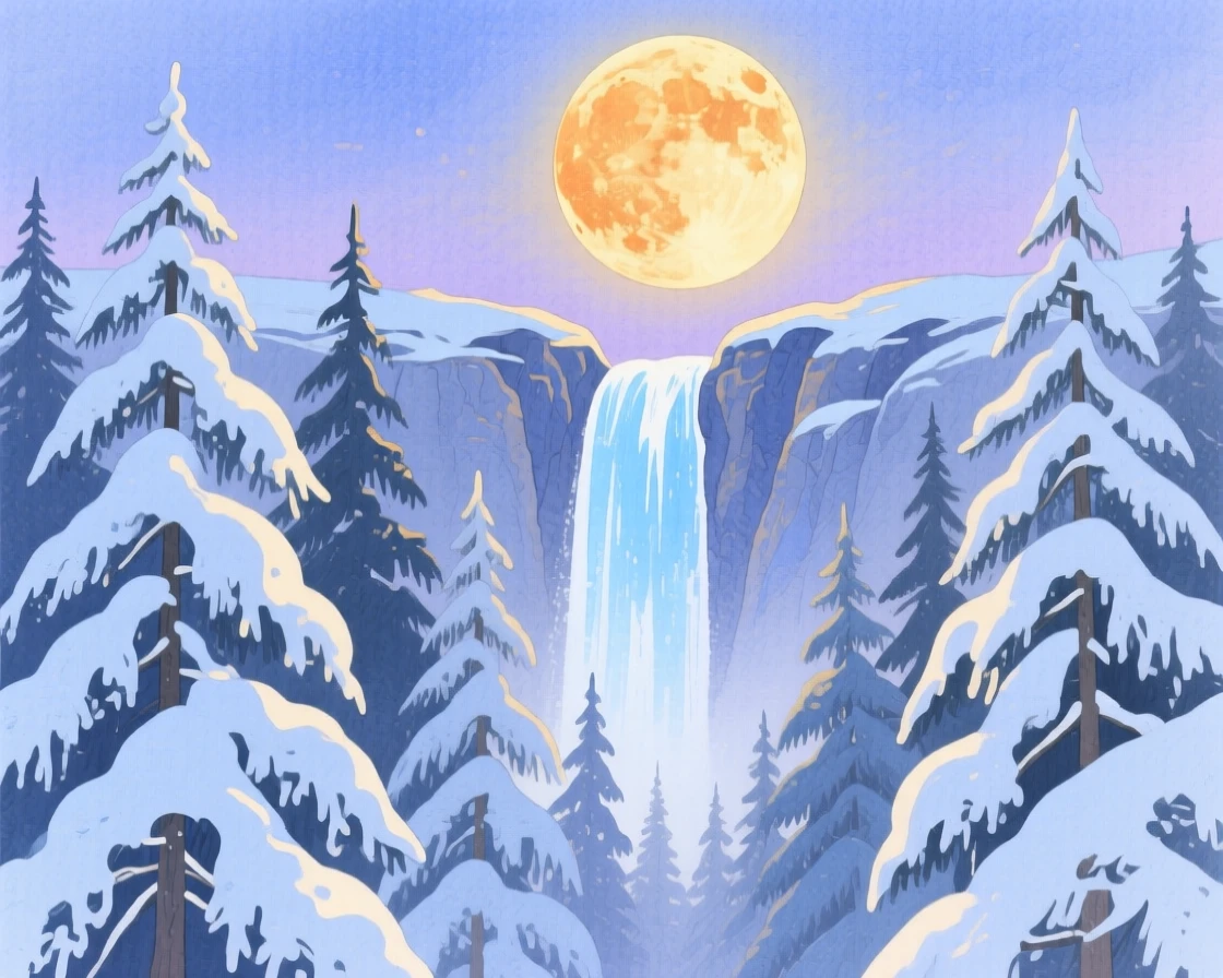 A breathtaking view of a snow-dusted pine forest under a full harvest moon, with a waterfall cascading in the distance